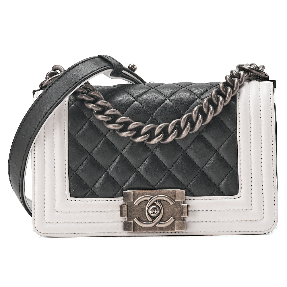 CHANEL Boy Chanel 20 Lambskin Chain Shoulder Black x White Vintage-Tone Hardware, Pre-Owned