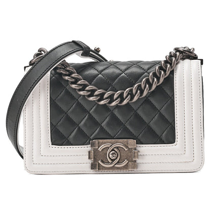 CHANEL Boy Chanel 20 Lambskin Chain Shoulder Black x White Vintage-Tone Hardware, Pre-Owned