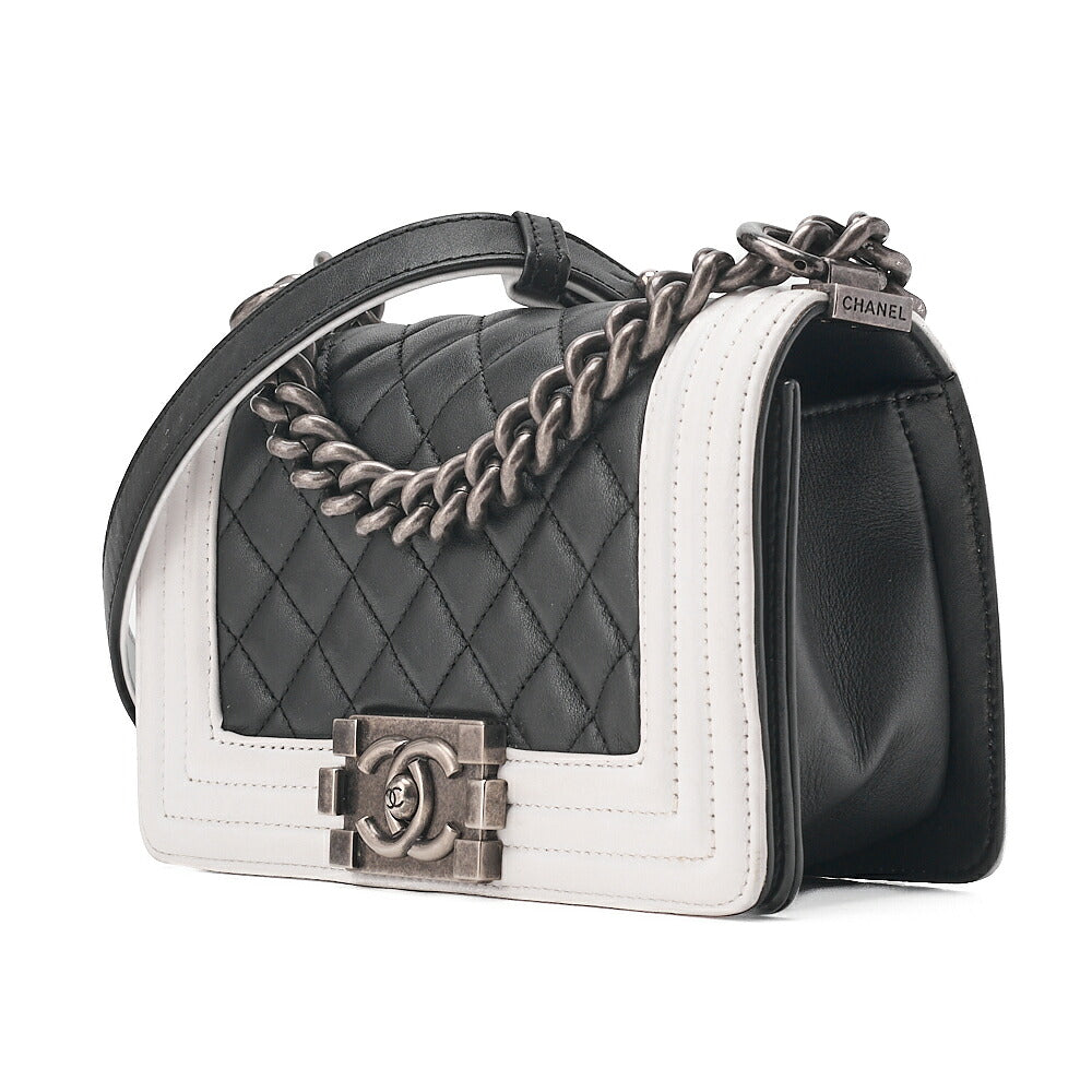 CHANEL Boy Chanel 20 Lambskin Chain Shoulder Black x White Vintage-Tone Hardware, Pre-Owned