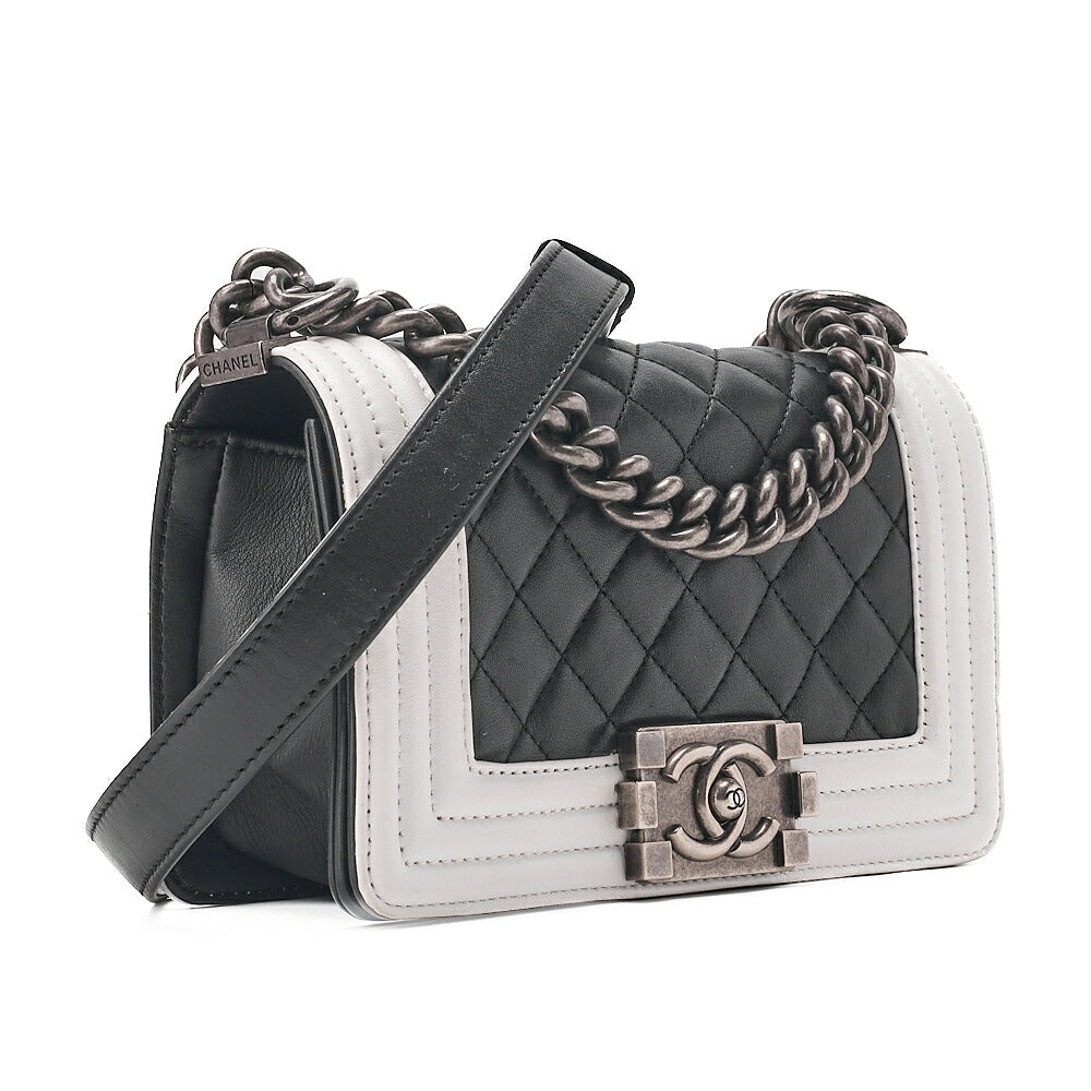 CHANEL Boy Chanel 20 Lambskin Chain Shoulder Black x White Vintage-Tone Hardware, Pre-Owned
