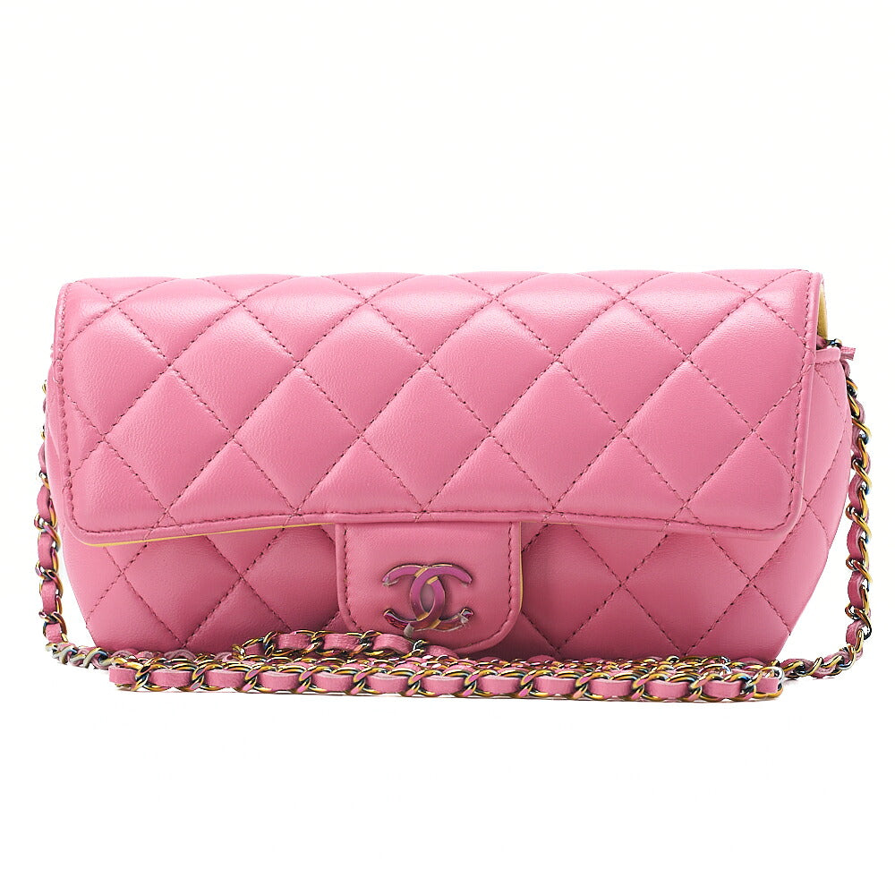 CHANEL Lambskin Mini Matelasse Glasses Case Chain Shoulder Light Pink x Yellow Gold-Tone Hardware, Pre-Owned