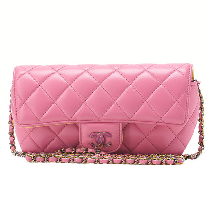 CHANEL Lambskin Mini Matelasse Glasses Case Chain Shoulder Light Pink x Yellow Gold-Tone Hardware, Pre-Owned