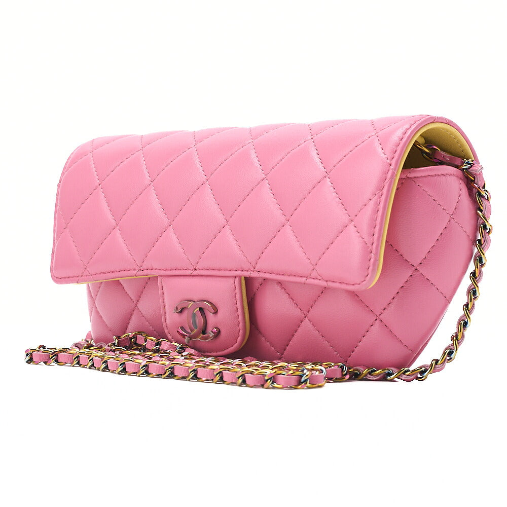 CHANEL Lambskin Mini Matelasse Glasses Case Chain Shoulder Light Pink x Yellow Gold-Tone Hardware, Pre-Owned