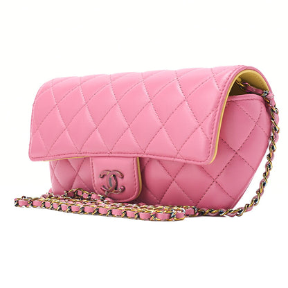CHANEL Lambskin Mini Matelasse Glasses Case Chain Shoulder Light Pink x Yellow Gold-Tone Hardware, Pre-Owned