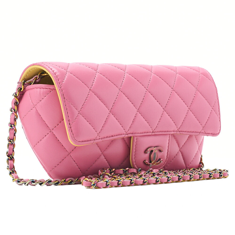 CHANEL Lambskin Mini Matelasse Glasses Case Chain Shoulder Light Pink x Yellow Gold-Tone Hardware, Pre-Owned