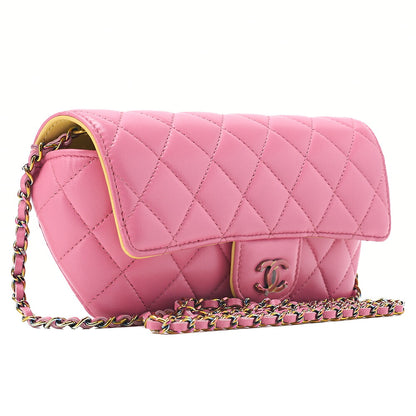 CHANEL Lambskin Mini Matelasse Glasses Case Chain Shoulder Light Pink x Yellow Gold-Tone Hardware, Pre-Owned