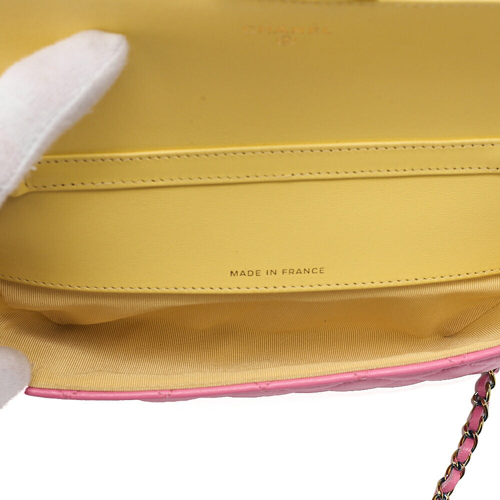 CHANEL Lambskin Mini Matelasse Glasses Case Chain Shoulder Light Pink x Yellow Gold-Tone Hardware, Pre-Owned