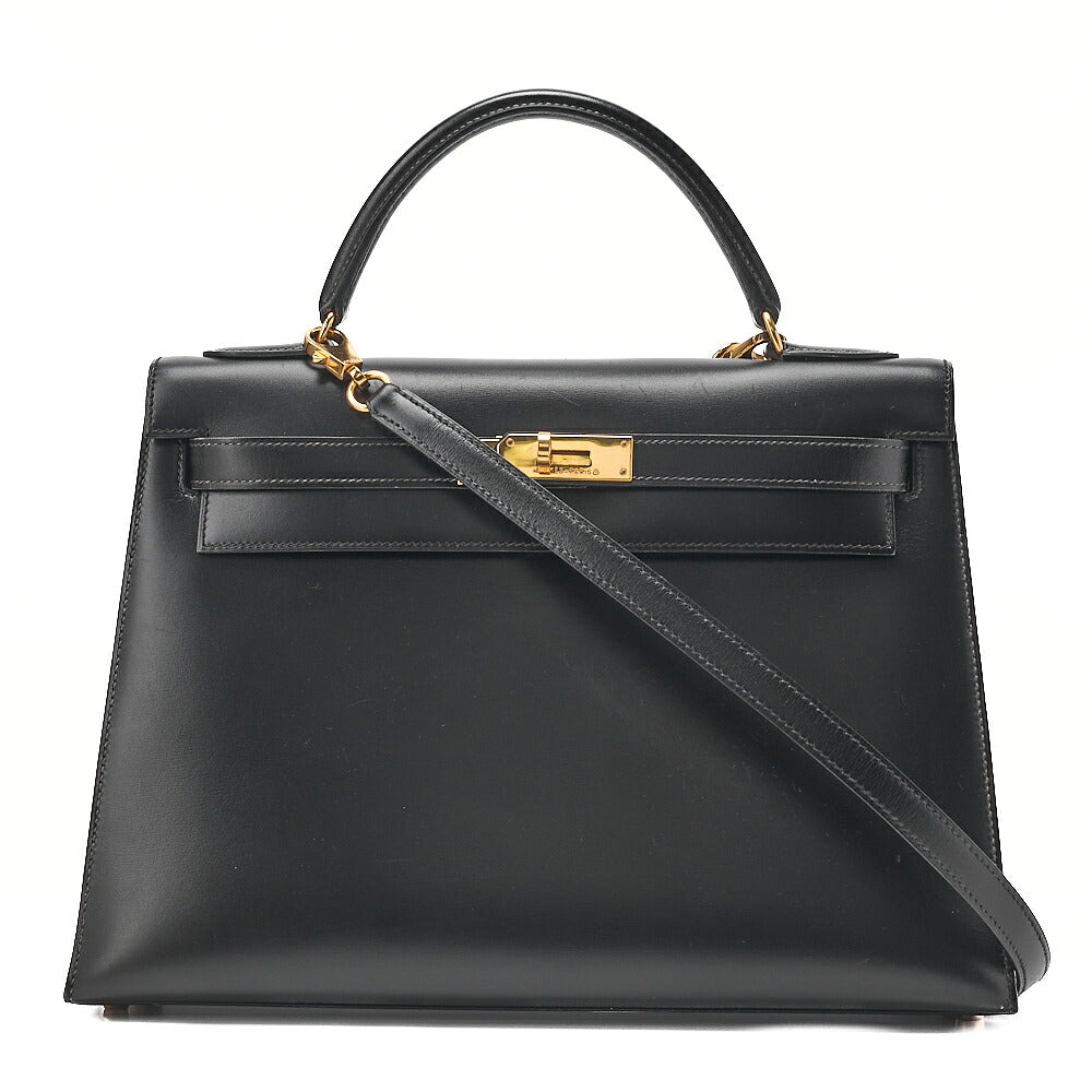 Hermes Hermes Kelly 32 Box Calf External Stitching 2-Way Handbag Black Gold-Tone Hardware, Pre-Owned