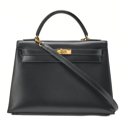 Hermes Hermes Kelly 32 Box Calf External Stitching 2-Way Handbag Black Gold-Tone Hardware, Pre-Owned