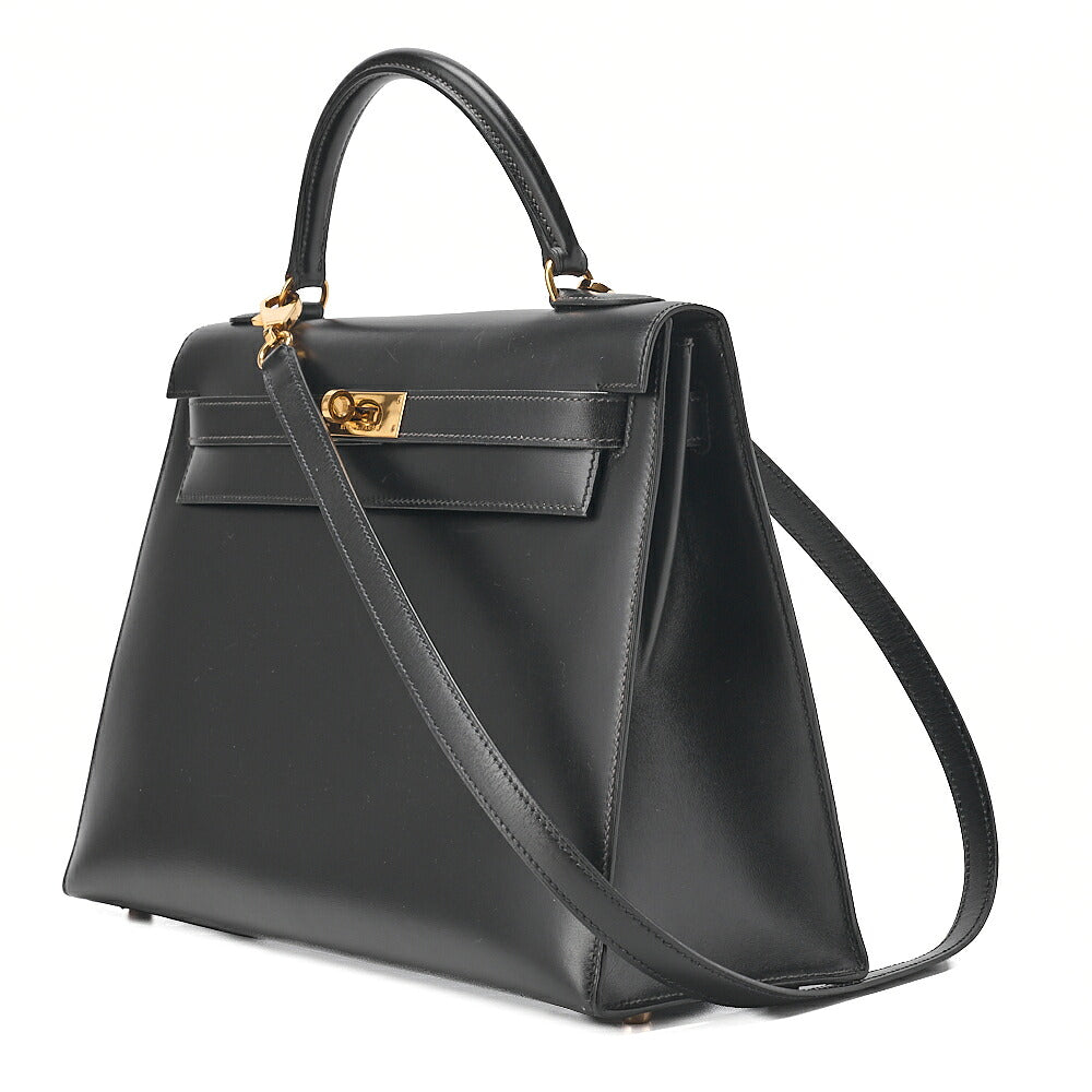 Hermes Hermes Kelly 32 Box Calf External Stitching 2-Way Handbag Black Gold-Tone Hardware, Pre-Owned