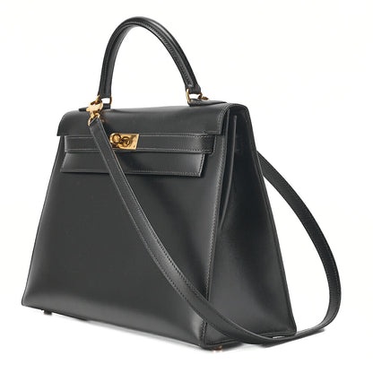 Hermes Hermes Kelly 32 Box Calf External Stitching 2-Way Handbag Black Gold-Tone Hardware, Pre-Owned