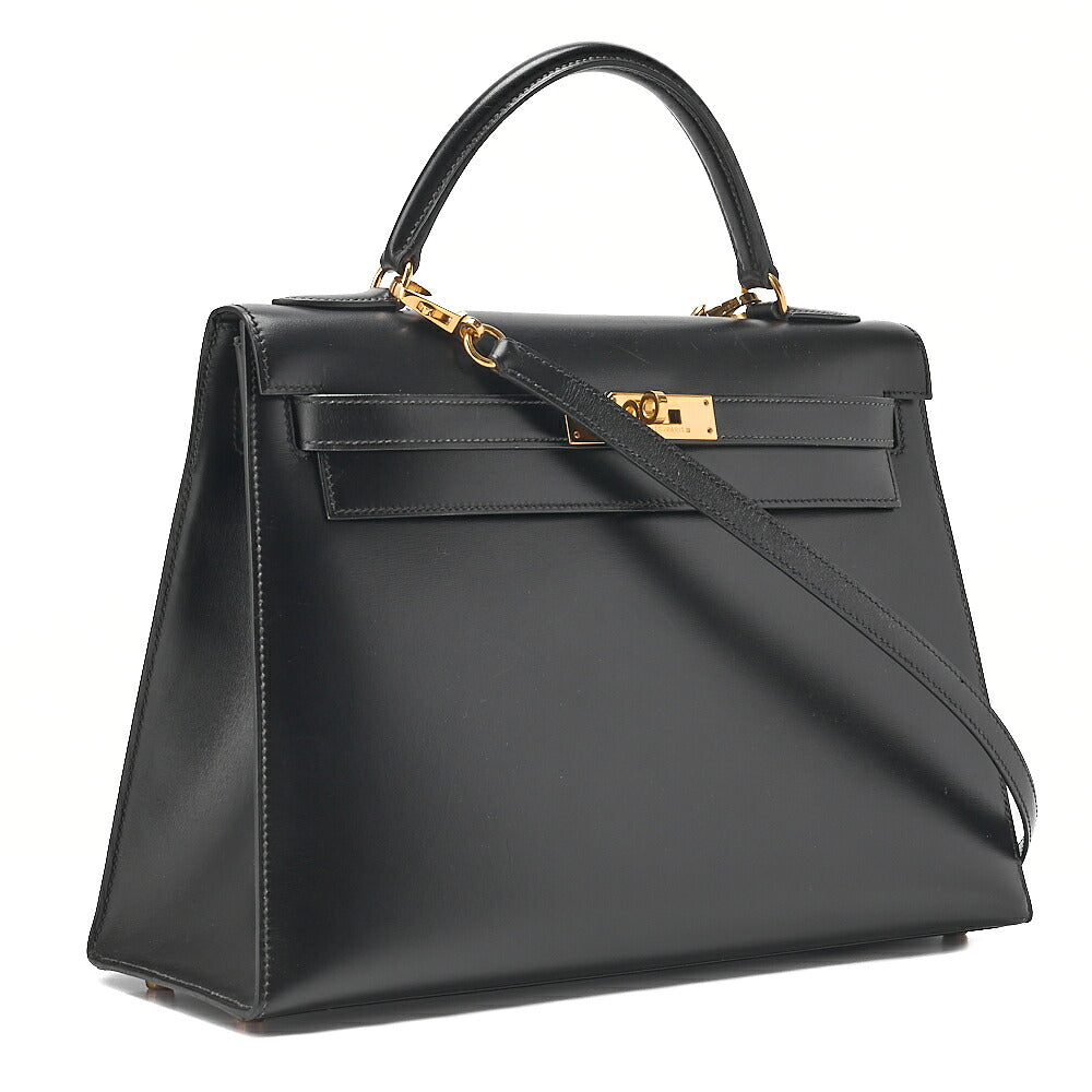 Hermes Hermes Kelly 32 Box Calf External Stitching 2-Way Handbag Black Gold-Tone Hardware, Pre-Owned