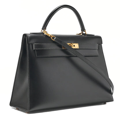 Hermes Hermes Kelly 32 Box Calf External Stitching 2-Way Handbag Black Gold-Tone Hardware, Pre-Owned
