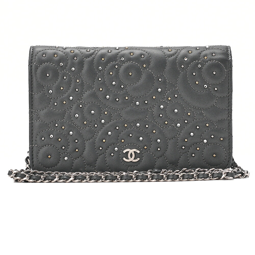 CHANEL Lambskin Camellia Studd Chain Wallet Dark Gray Silver-Tone Hardware, Pre-Owned