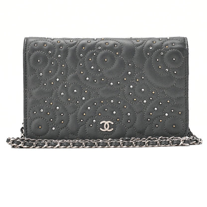 CHANEL Lambskin Camellia Studd Chain Wallet Dark Gray Silver-Tone Hardware, Pre-Owned