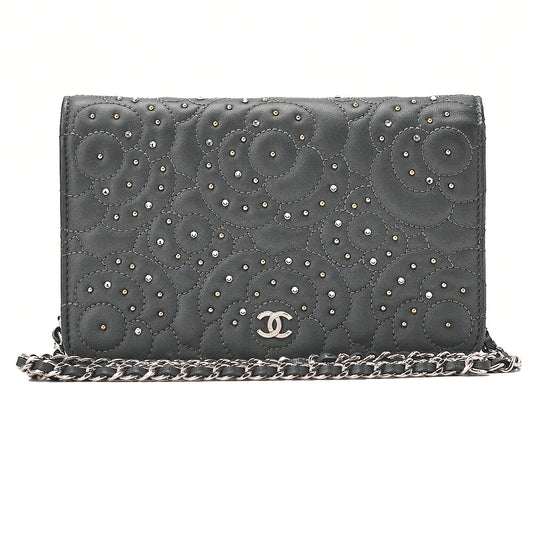 CHANEL Lambskin Camellia Studd Chain Wallet Dark Gray Silver-Tone Hardware, Pre-Owned