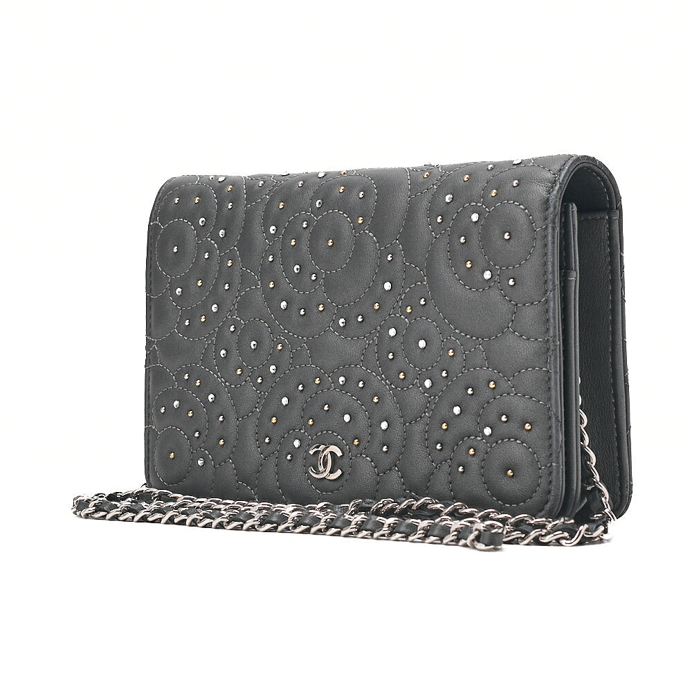 CHANEL Lambskin Camellia Studd Chain Wallet Dark Gray Silver-Tone Hardware, Pre-Owned