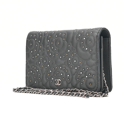 CHANEL Lambskin Camellia Studd Chain Wallet Dark Gray Silver-Tone Hardware, Pre-Owned