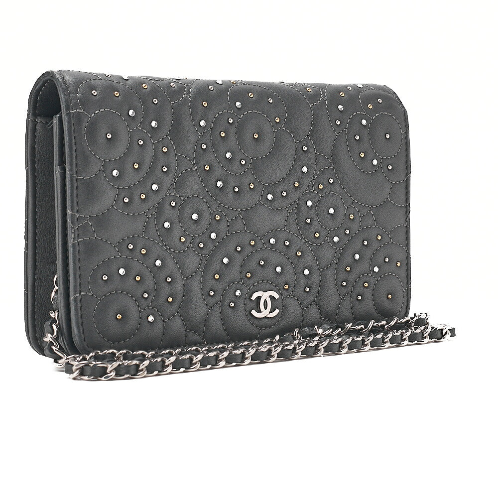 CHANEL Lambskin Camellia Studd Chain Wallet Dark Gray Silver-Tone Hardware, Pre-Owned