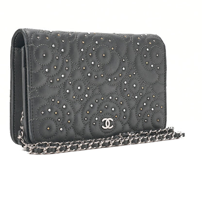 CHANEL Lambskin Camellia Studd Chain Wallet Dark Gray Silver-Tone Hardware, Pre-Owned