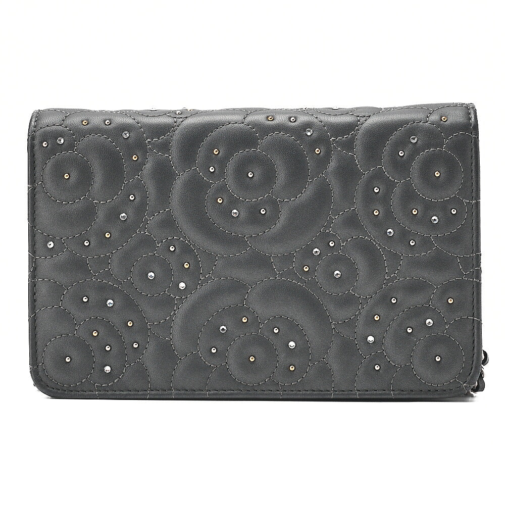 CHANEL Lambskin Camellia Studd Chain Wallet Dark Gray Silver-Tone Hardware, Pre-Owned
