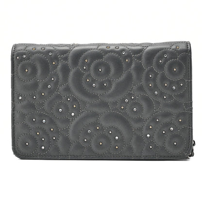 CHANEL Lambskin Camellia Studd Chain Wallet Dark Gray Silver-Tone Hardware, Pre-Owned