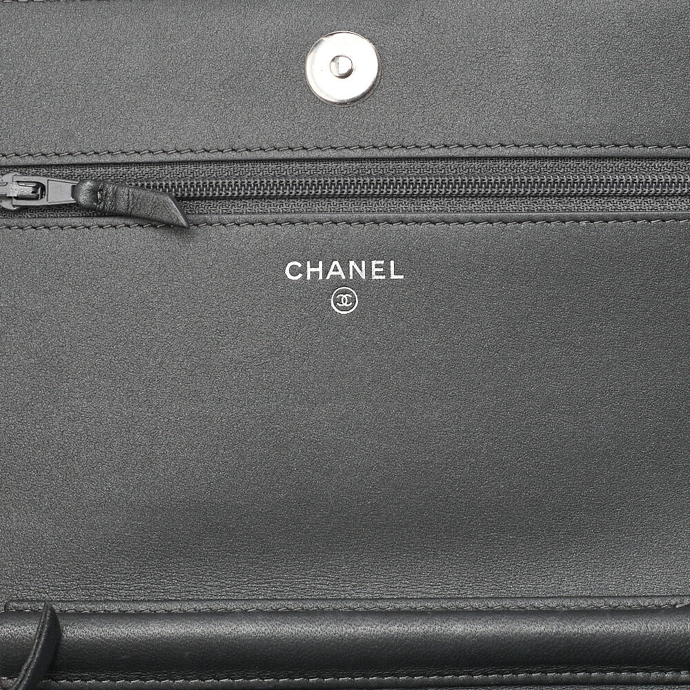 CHANEL Lambskin Camellia Studd Chain Wallet Dark Gray Silver-Tone Hardware, Pre-Owned