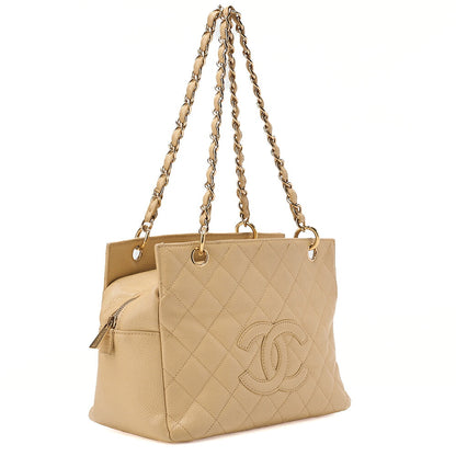 CHANEL Matelasse Double Chain Tote Bag PTT Caviar Skin Beige Gold-Tone Hardware, Pre-Owned