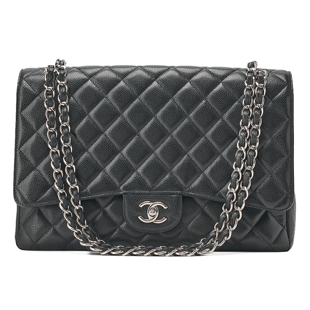 CHANEL Caviar Skin Deka Ma Lass? 30cm Single Flap Chain Shoulder Bag Black Silver-Tone Hardware, Pre-Owned
