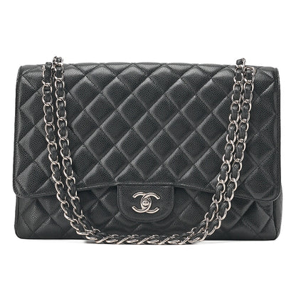 CHANEL Caviar Skin Deka Ma Lass? 30cm Single Flap Chain Shoulder Bag Black Silver-Tone Hardware, Pre-Owned