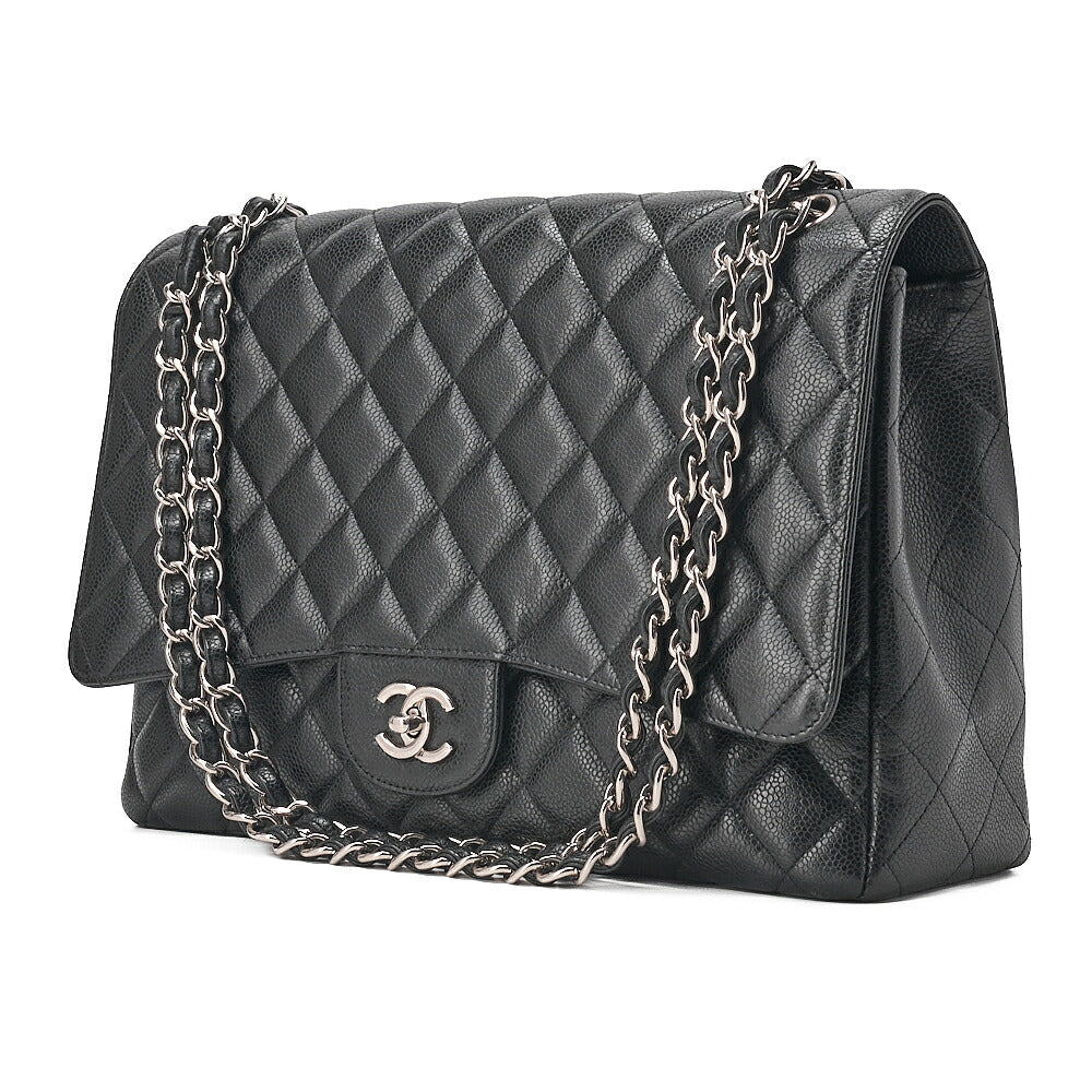 CHANEL Caviar Skin Deka Ma Lass? 30cm Single Flap Chain Shoulder Bag Black Silver-Tone Hardware, Pre-Owned