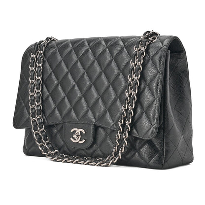 CHANEL Caviar Skin Deka Ma Lass? 30cm Single Flap Chain Shoulder Bag Black Silver-Tone Hardware, Pre-Owned