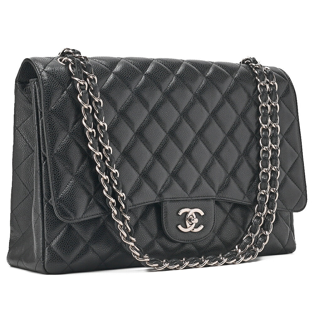 CHANEL Caviar Skin Deka Ma Lass? 30cm Single Flap Chain Shoulder Bag Black Silver-Tone Hardware, Pre-Owned
