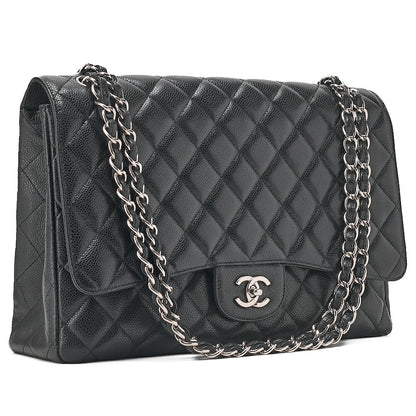CHANEL Caviar Skin Deka Ma Lass? 30cm Single Flap Chain Shoulder Bag Black Silver-Tone Hardware, Pre-Owned