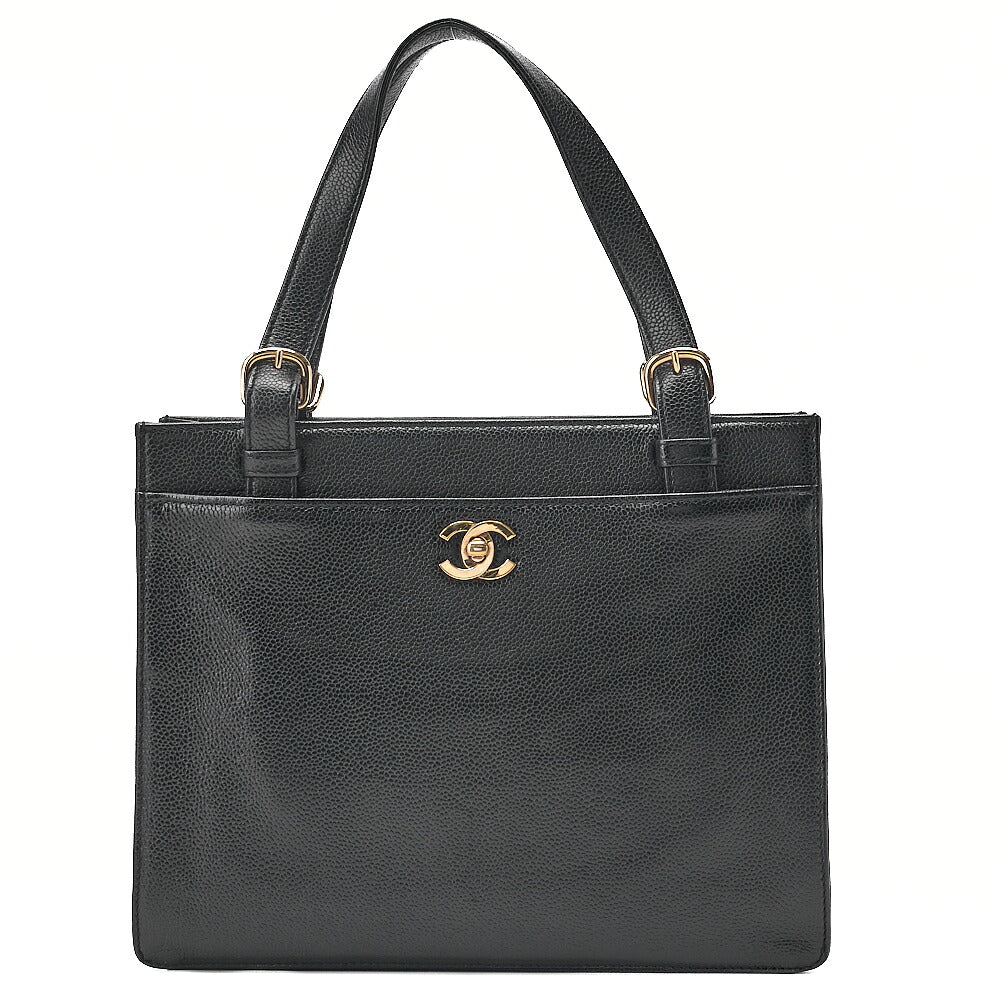 CHANEL Caviar Skin Turn Lock Tote Bag Black Gold-Tone Hardware, Pre-Owned