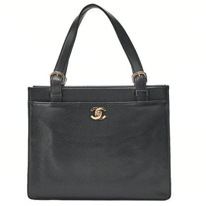CHANEL Caviar Skin Turn Lock Tote Bag Black Gold-Tone Hardware, Pre-Owned