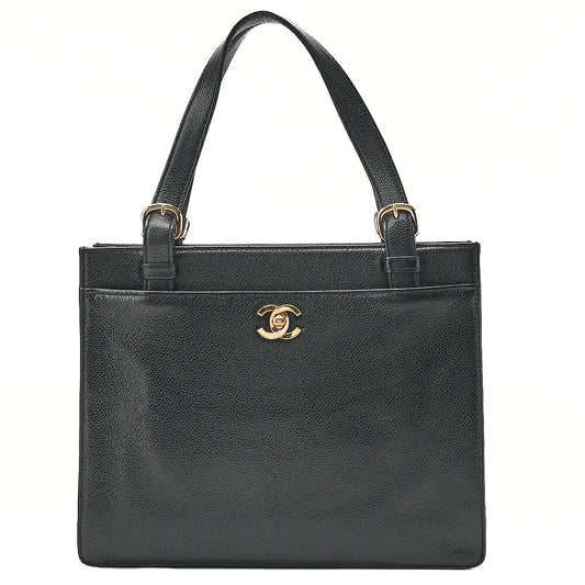 CHANEL Caviar Skin Turn Lock Tote Bag Black Gold-Tone Hardware, Pre-Owned