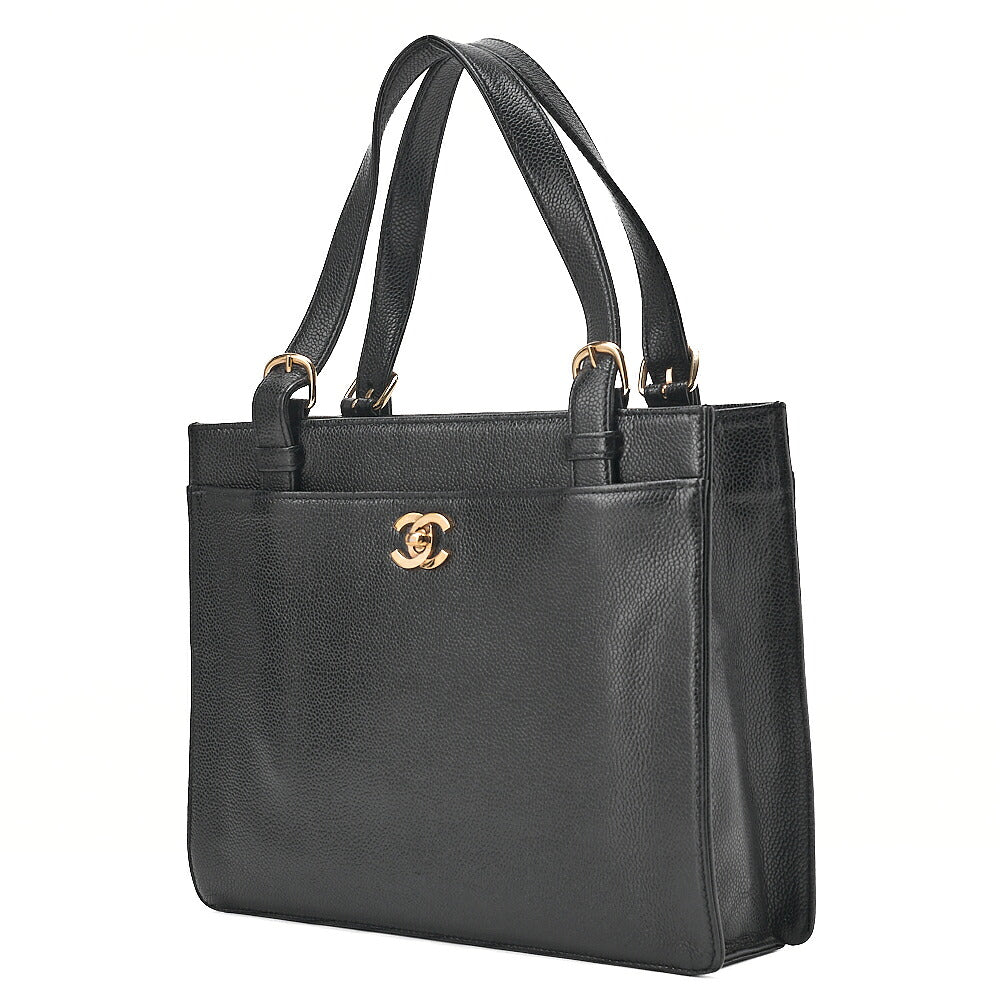 CHANEL Caviar Skin Turn Lock Tote Bag Black Gold-Tone Hardware, Pre-Owned