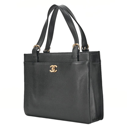 CHANEL Caviar Skin Turn Lock Tote Bag Black Gold-Tone Hardware, Pre-Owned