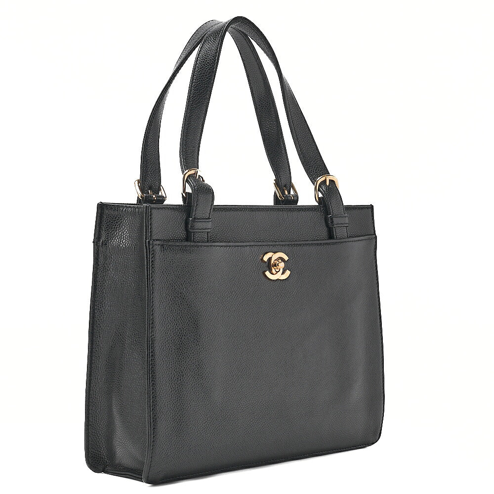 CHANEL Caviar Skin Turn Lock Tote Bag Black Gold-Tone Hardware, Pre-Owned