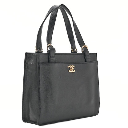 CHANEL Caviar Skin Turn Lock Tote Bag Black Gold-Tone Hardware, Pre-Owned