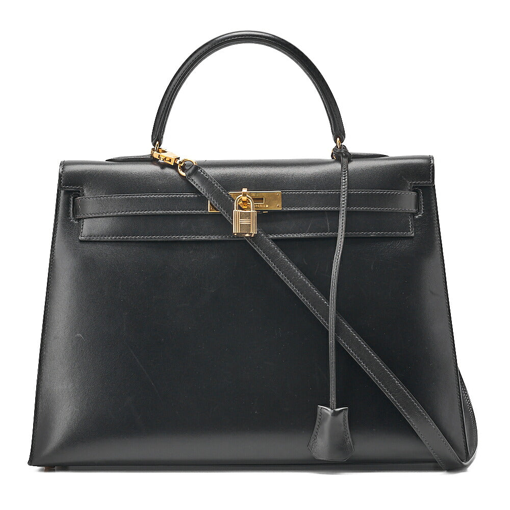 Hermes Hermes Kelly 35 Box Calf 2-Way Handbag Black Gold-Tone Hardware, Pre-Owned