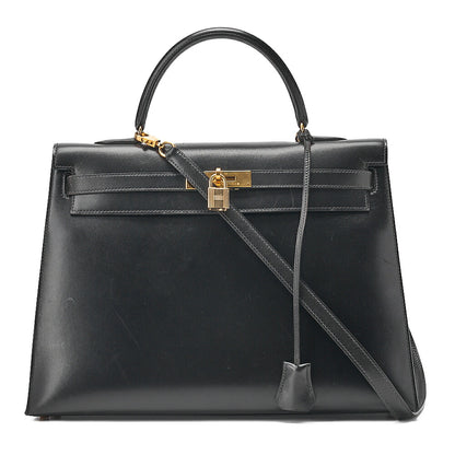 Hermes Hermes Kelly 35 Box Calf 2-Way Handbag Black Gold-Tone Hardware, Pre-Owned