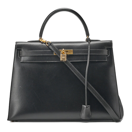 Hermes Hermes Kelly 35 Box Calf 2-Way Handbag Black Gold-Tone Hardware, Pre-Owned