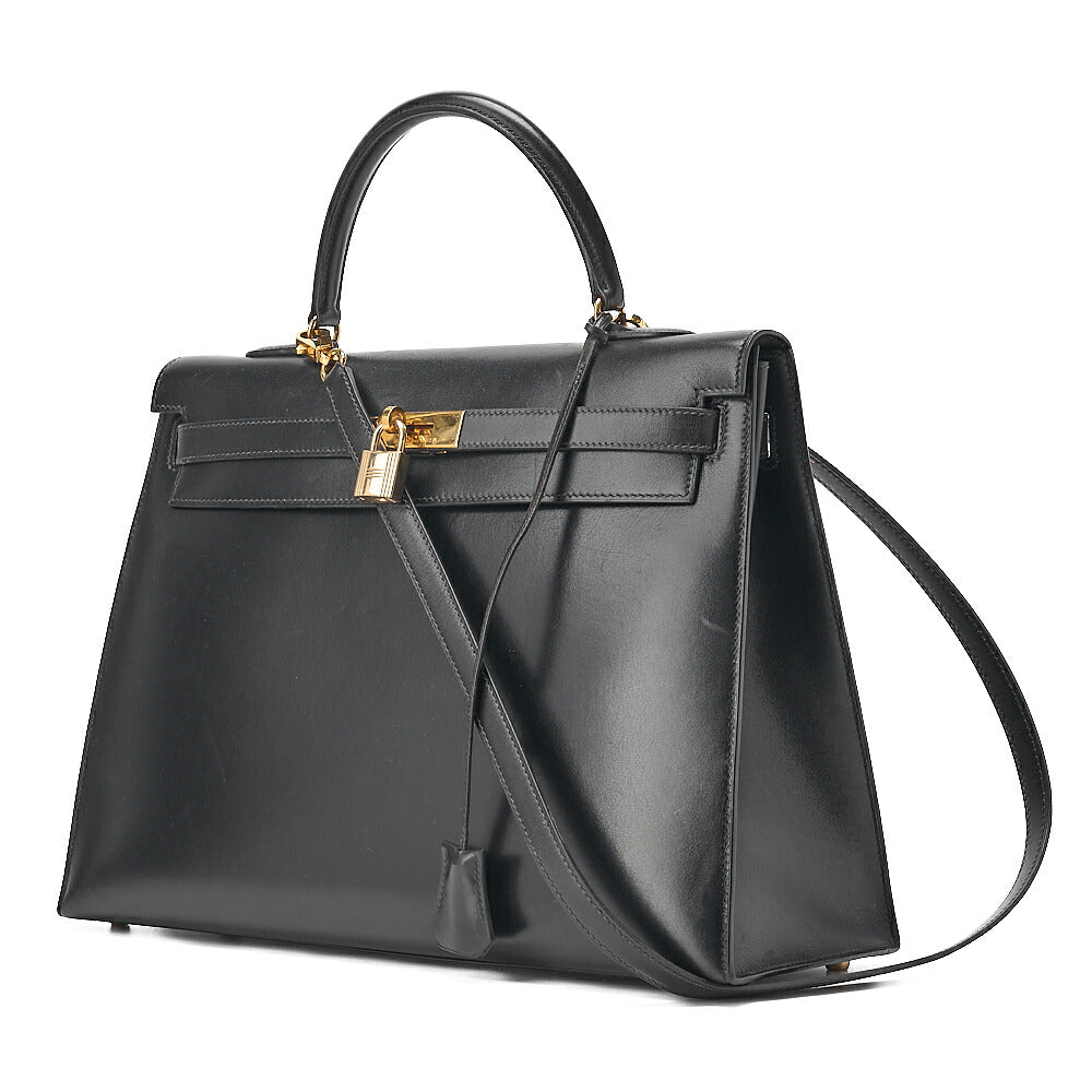 Hermes Hermes Kelly 35 Box Calf 2-Way Handbag Black Gold-Tone Hardware, Pre-Owned