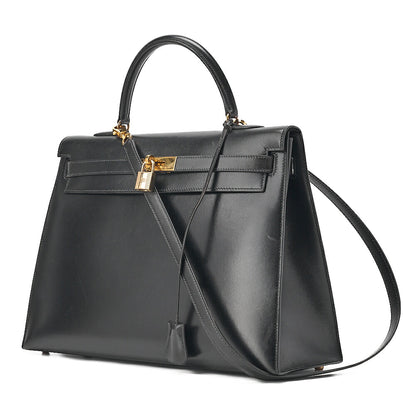 Hermes Hermes Kelly 35 Box Calf 2-Way Handbag Black Gold-Tone Hardware, Pre-Owned