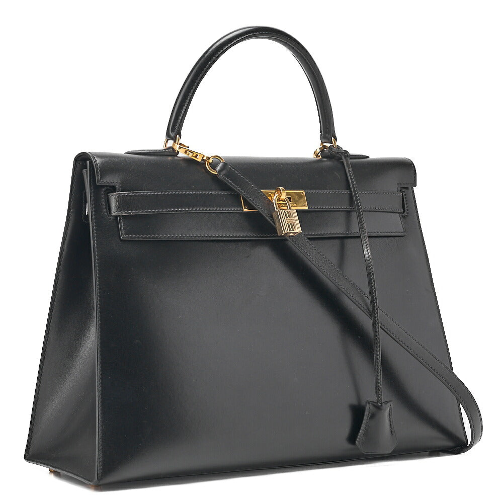 Hermes Hermes Kelly 35 Box Calf 2-Way Handbag Black Gold-Tone Hardware, Pre-Owned