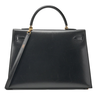 Hermes Hermes Kelly 35 Box Calf 2-Way Handbag Black Gold-Tone Hardware, Pre-Owned