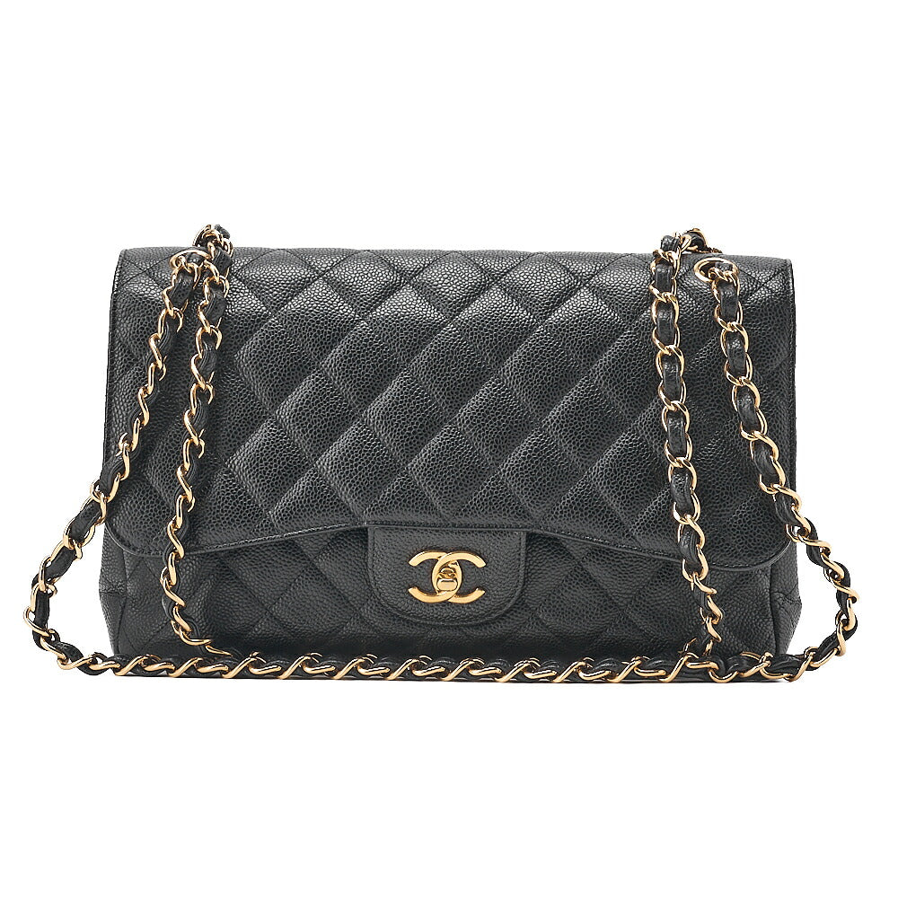 CHANEL Caviar Skin Deca Matelasse 30cm Double Flap Chain Shoulder Bag Black Gold-Tone Hardware, Pre-Owned