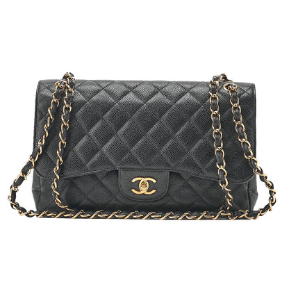 CHANEL Caviar Skin Deca Matelasse 30cm Double Flap Chain Shoulder Bag Black Gold-Tone Hardware, Pre-Owned